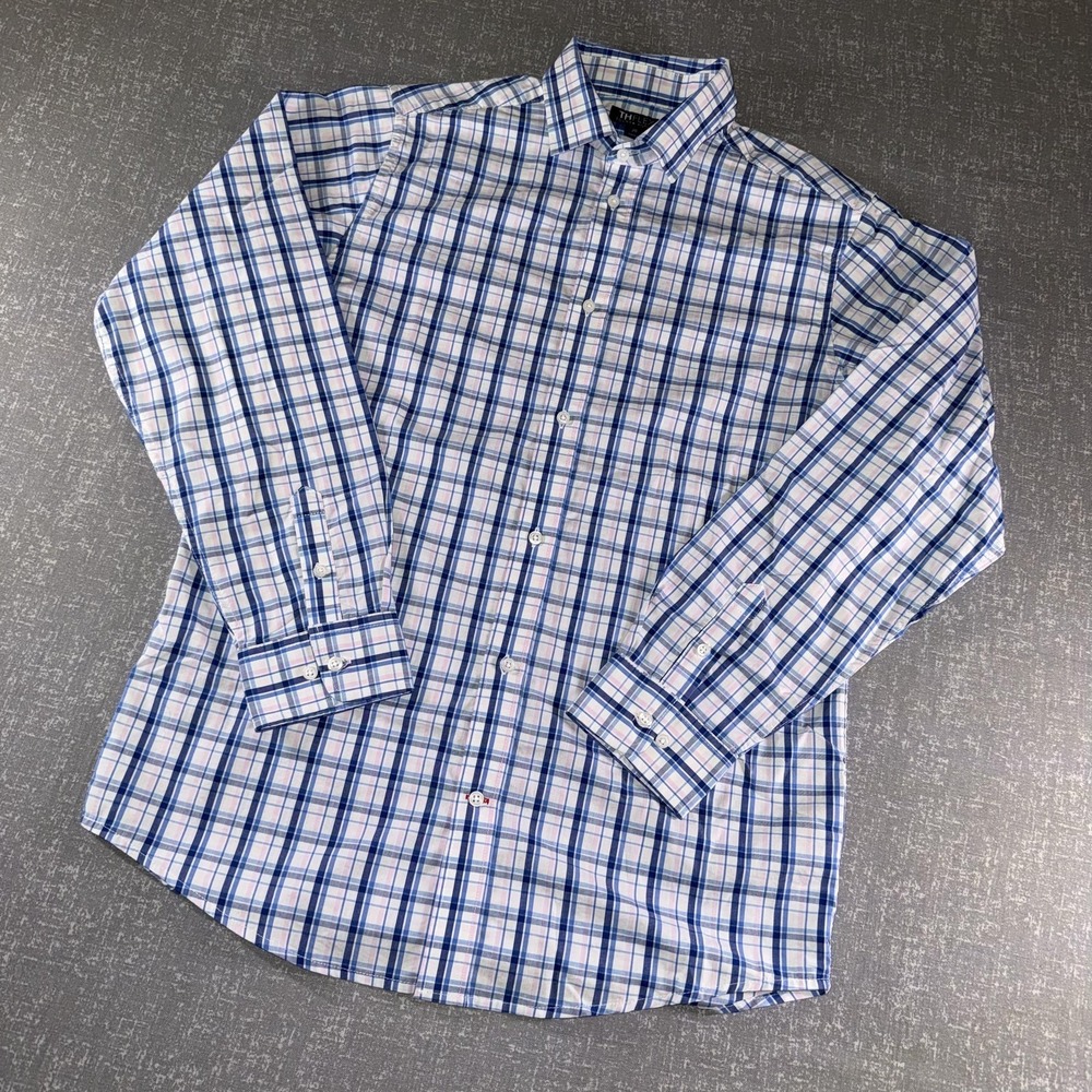 Tommy Hilfiger Shirt Teens XL Blue Plaid TH Flex Stretch Button-Up Long Sleeve